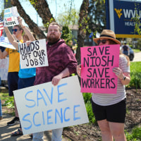 A rally in support of researchers and other employees of the National Institute for Occupational Safety and Health who received reduction-in-force notices